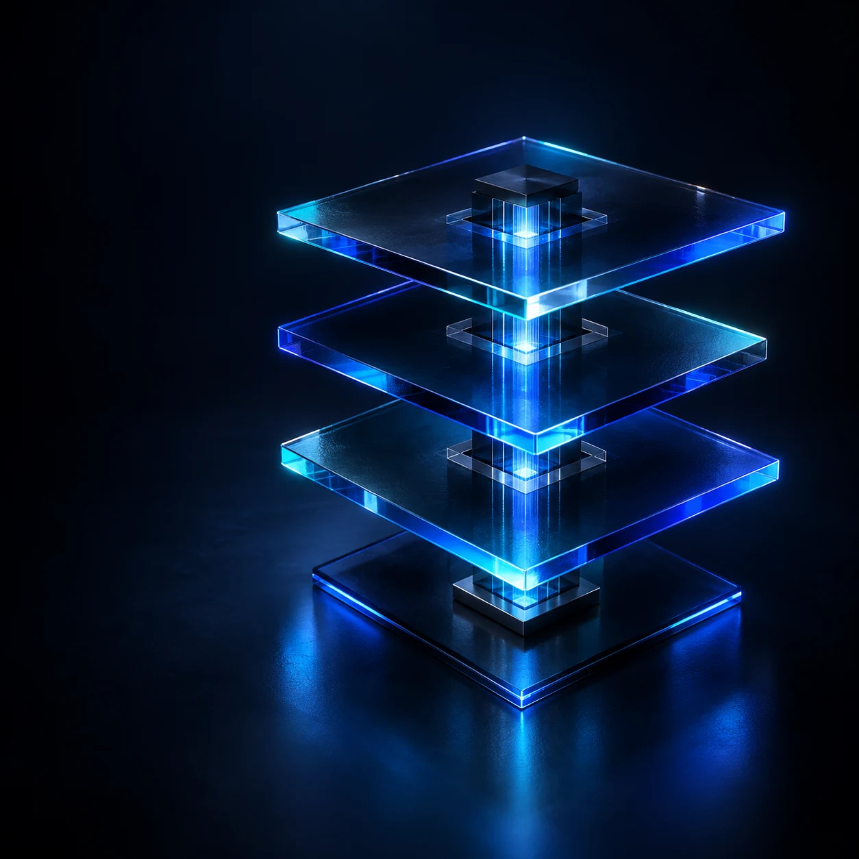 Camadas de vidro azul conectadas por um núcleo luminoso, representando a integração da KreoStack.