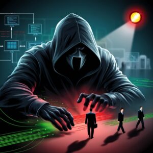 Ciberdelincuente atacando redes empresariais e representando ameaças digitais invisíveis.